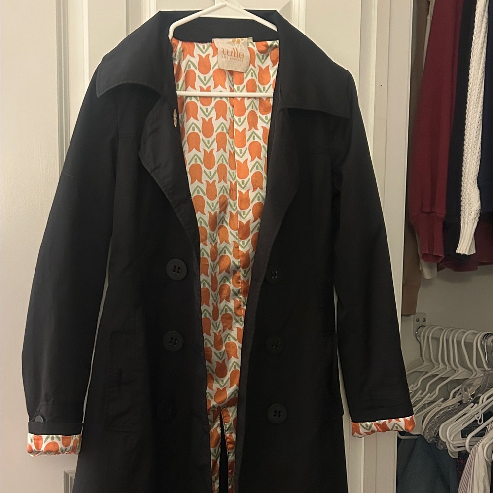 Tulle black trench double button coat